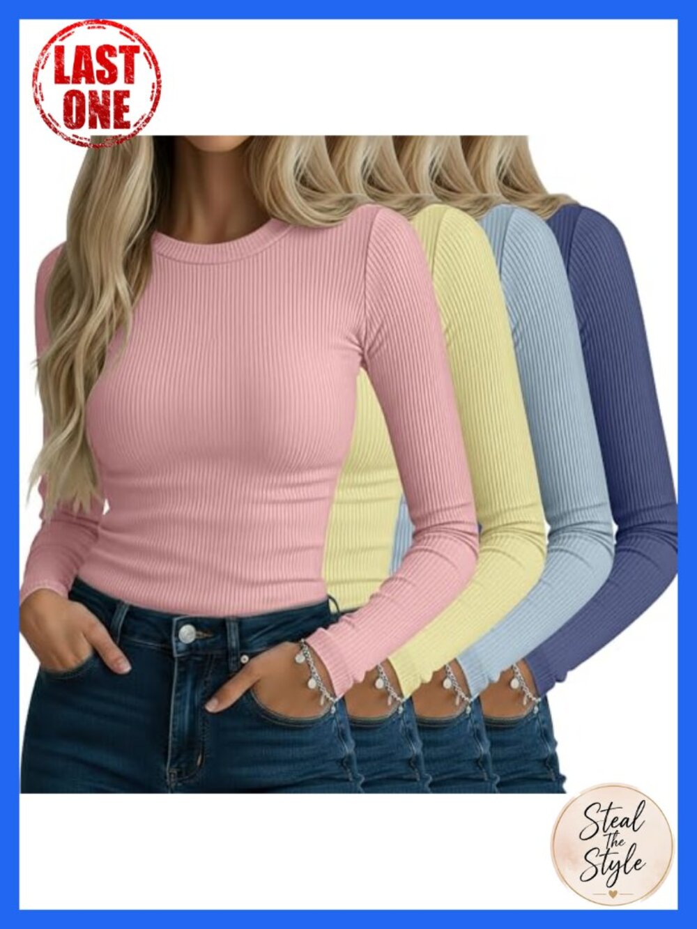 Ribbed Long Sleeve Shirts 4 Pack Cotton Spandex Slim Fit Crew Neck Tops
